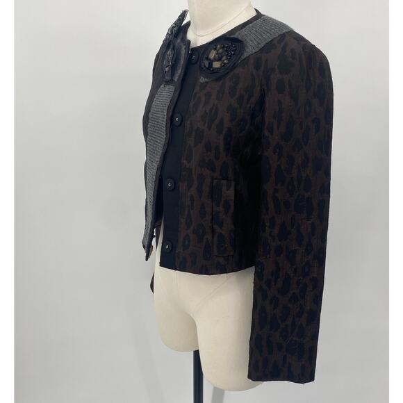 BCBGMAXAZRIA Blazer Convertible Jeweled Pins Wool Knit Trim Leopard Womens XS - Picture 8 of 15